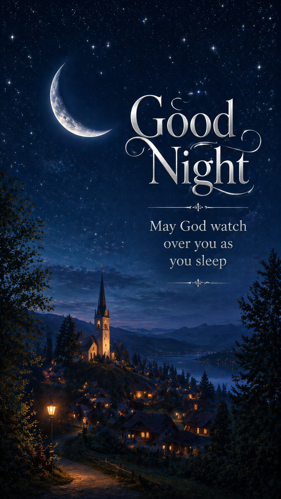 Good Night God Bless -- Church Moon Village Vertical Wallpaper